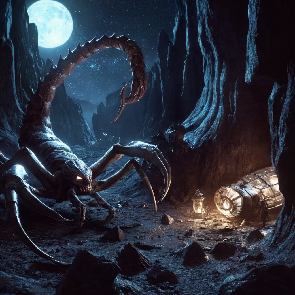 digitalart, scifi, space, monster, alien, aliencreature, alienplanet, alienworld, arachnid, breakdown, bugs, lunar, malfunction, planetary, scorpion, ai_artwork, bingimagecreator