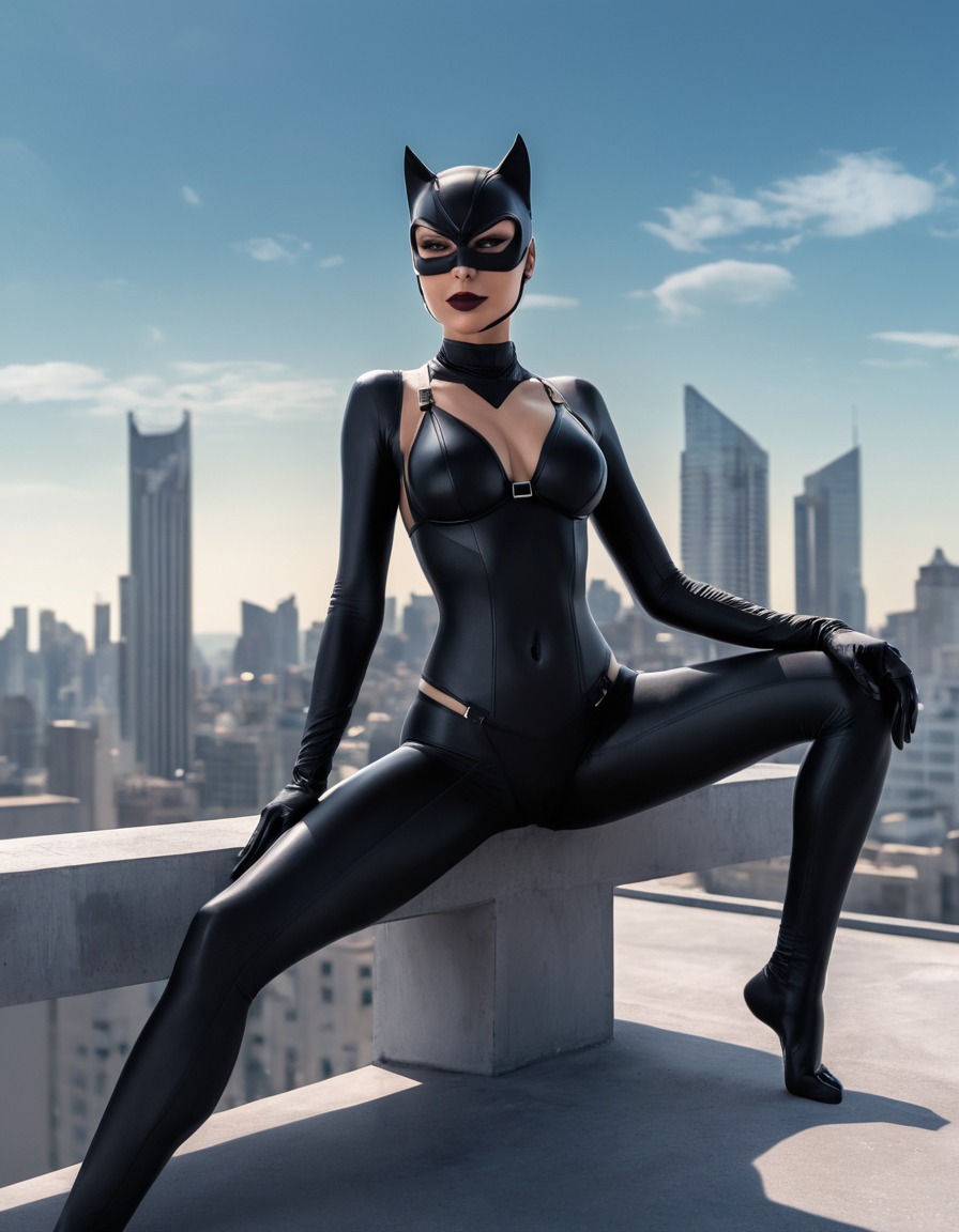 catwoman, rooftop, cityscape, bikini, relaxing, superhero, superheroine