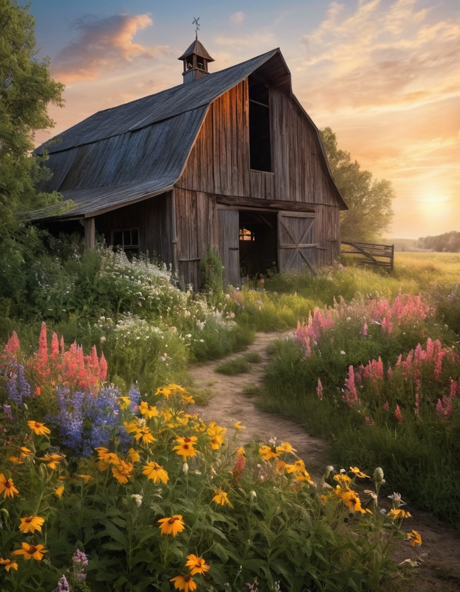 barn, weathered, wildflowers, nature