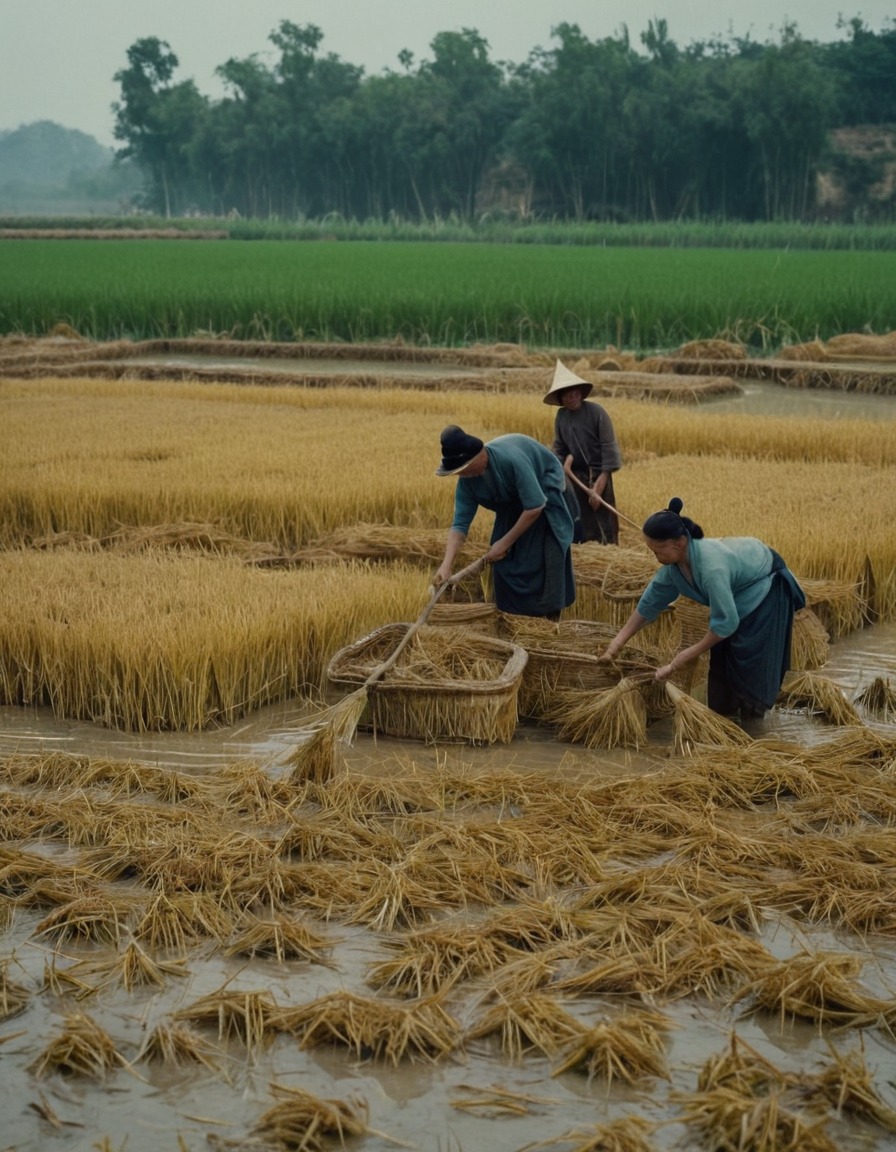 ancient farmers, harvesting, rice, flooded fields, ancient china, agriculture, 700 ad