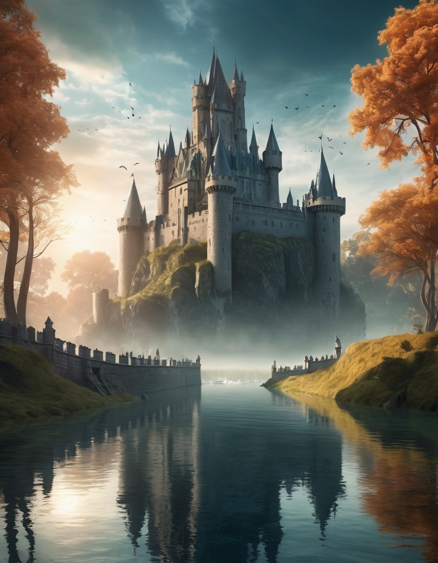 haunted castle, ghostly knights, moat, shimmering water, fantastic