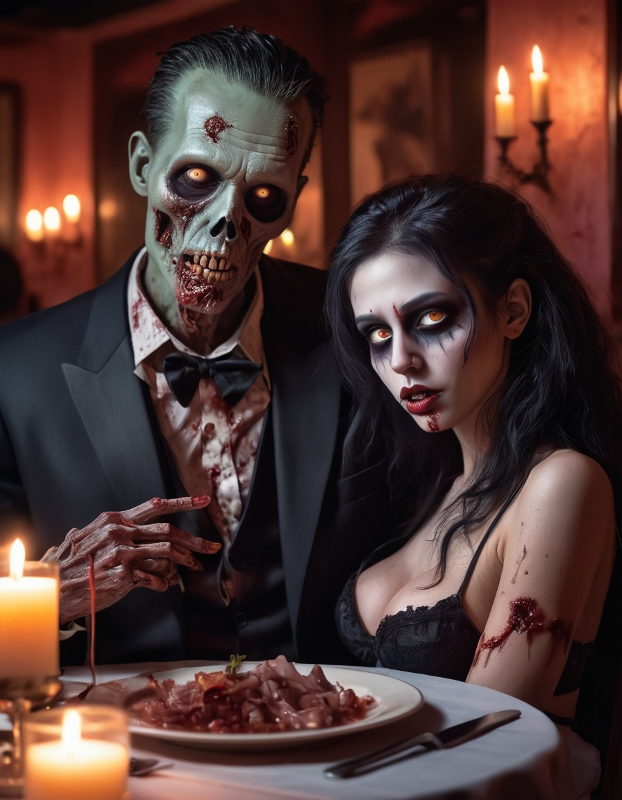 zombie, romantic, date, restaurant, candlelight