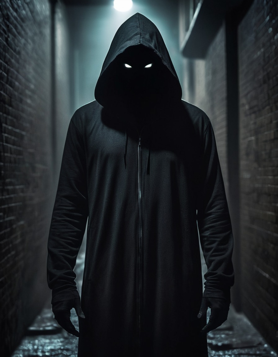 dark figure, mysterious, hooded, alleyway, sinister, gothic, underground, dark