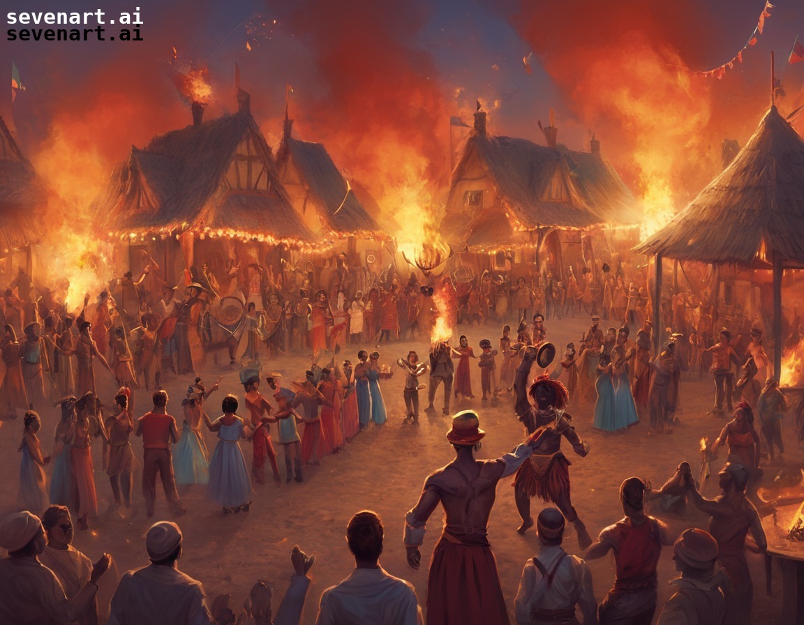 celebration, village, dancers, musicians, fire-eaters, middle ages