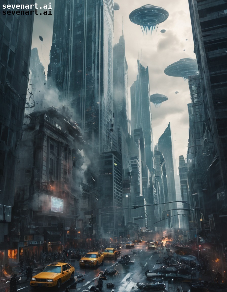 futuristic, cityscape, chaos, alien invasion, destruction, aliens, three body problem, trisolaran