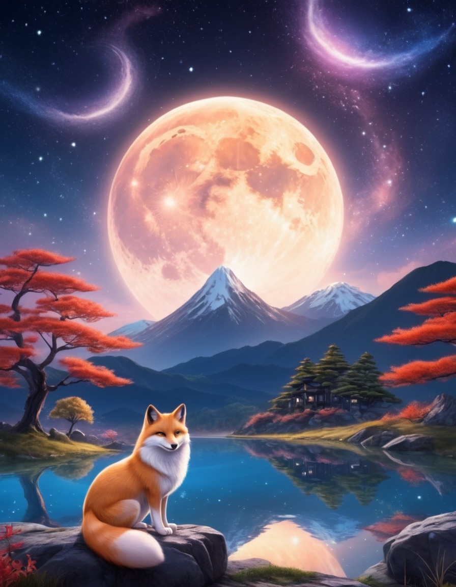 japanese folklore, kitsune, landscape, starry sky, enchanting