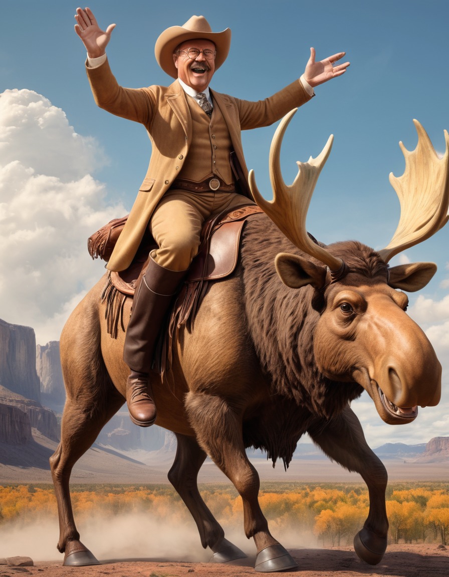 theodore roosevelt, cowboy, caricature, moose, humor, funny