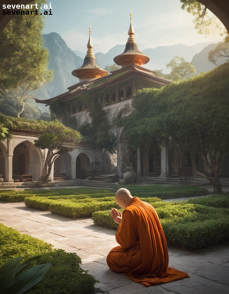 monk, prayer, monastery, garden, tranquil, middle ages