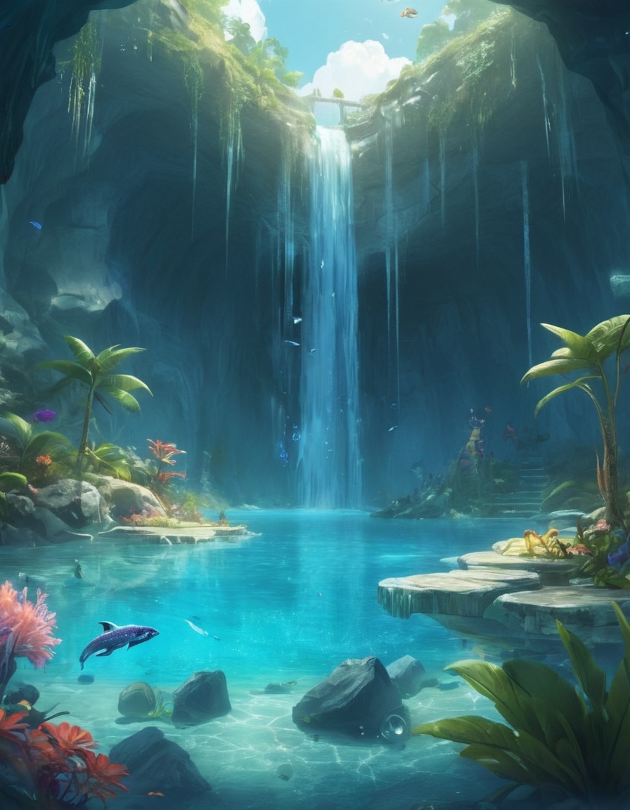 waterfall, nature, aquatic, magical, creatures, fantastic