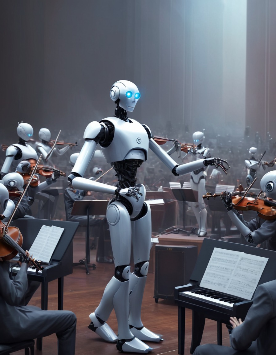 futuristic, robot, orchestra, conducting, music, robots