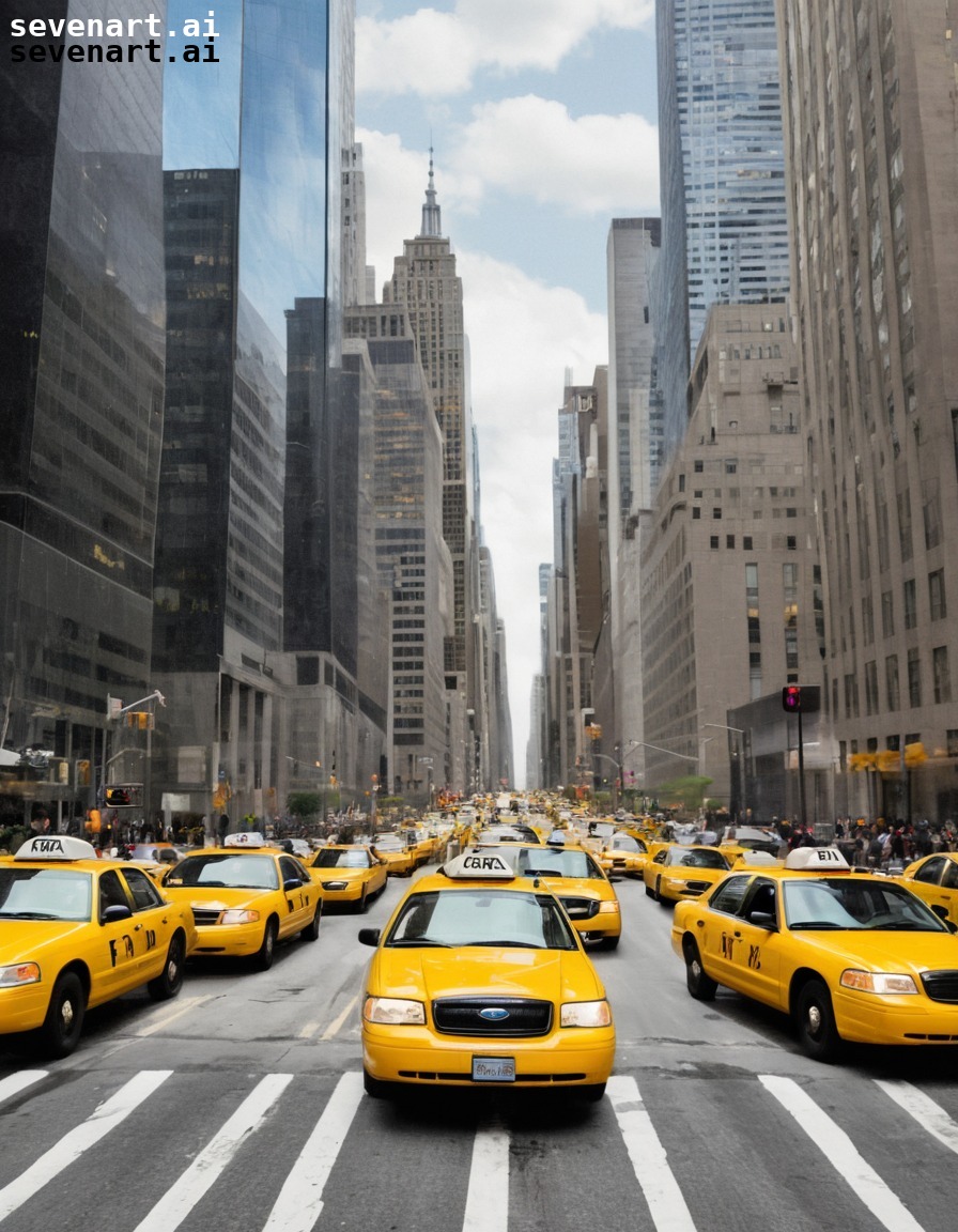 cityscape, taxi cabs, skyscrapers, urban life, usa