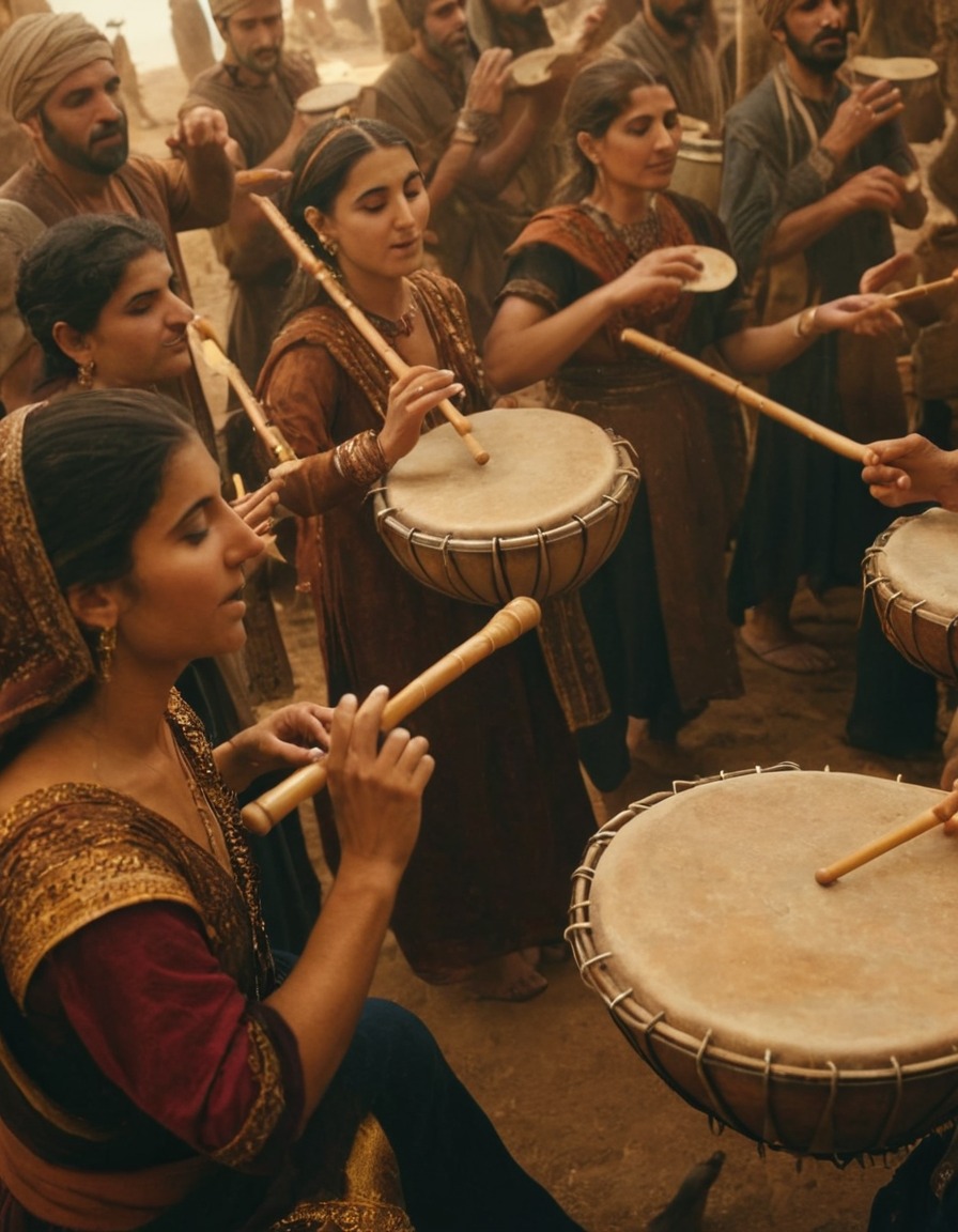 ancient musicians, tambourines, flutes, feast, ancient persia, 400 bc, music