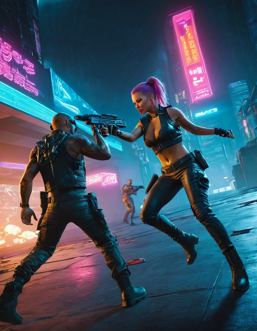 cyberpunk 2077, video game, action scene, futuristic, urban environment, high-tech weaponry, neon lights, computer games