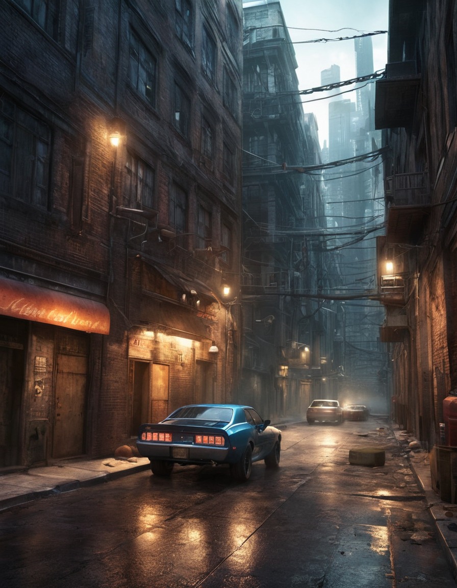 urban, chase scene, alleyways, fast-paced, cityscape