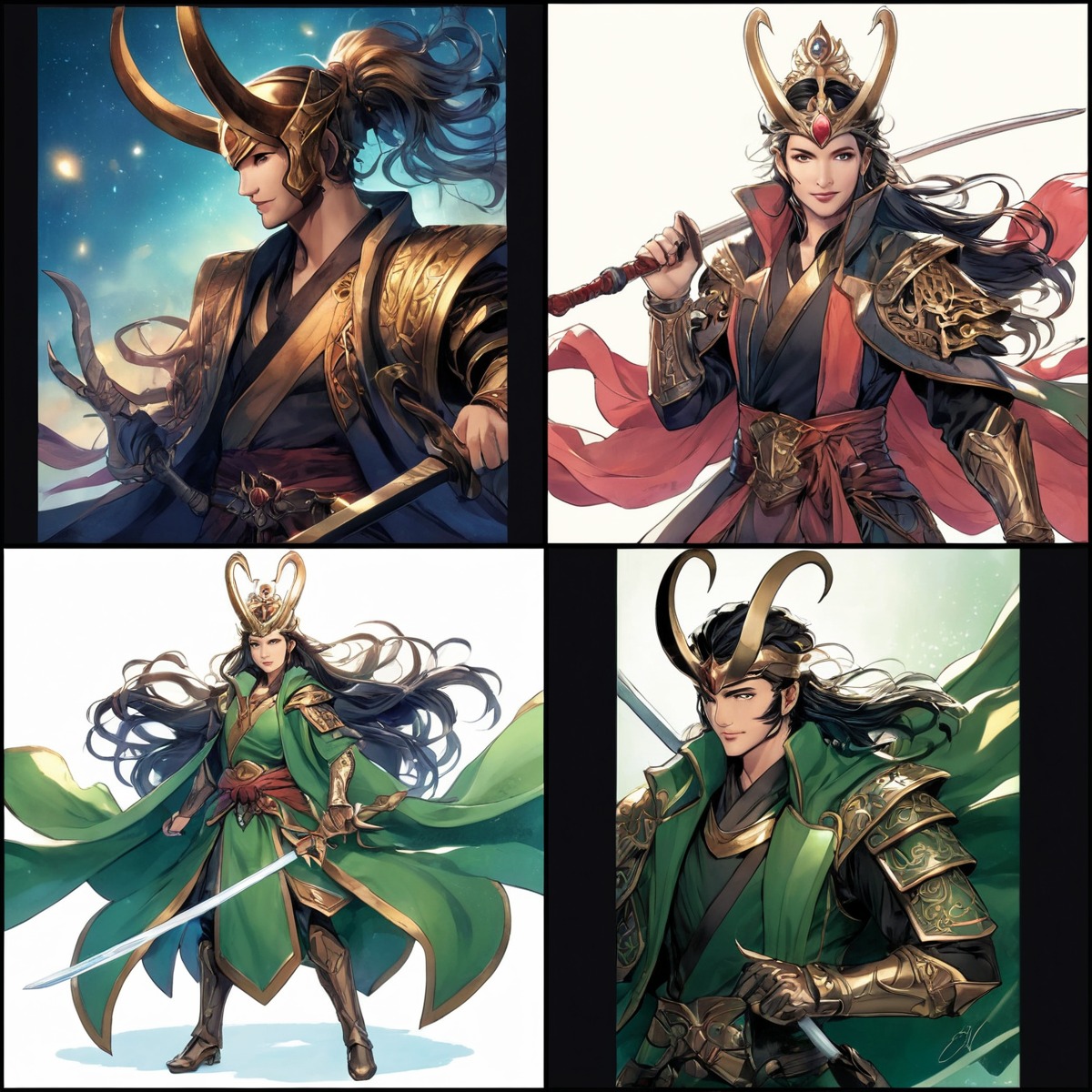 loki, animestyle, collage, marvelfanart, samurai, bing_image_creator