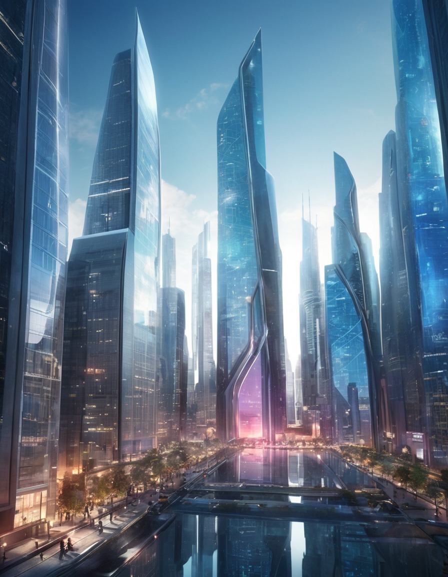 futuristic, cityscape, skyscrapers, geometric-shaped buildings, architecture