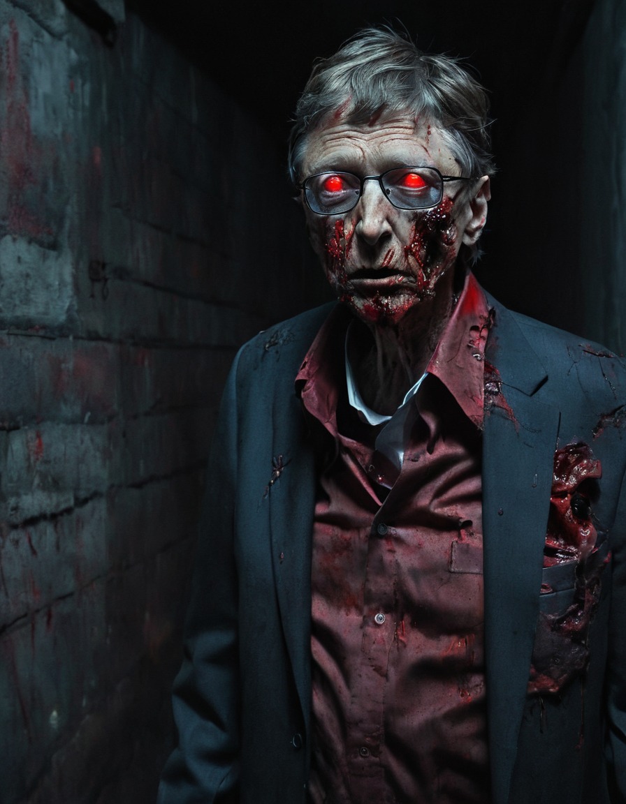 zombie, horror, bill gates, dark alley, glowing eyes, celebrities