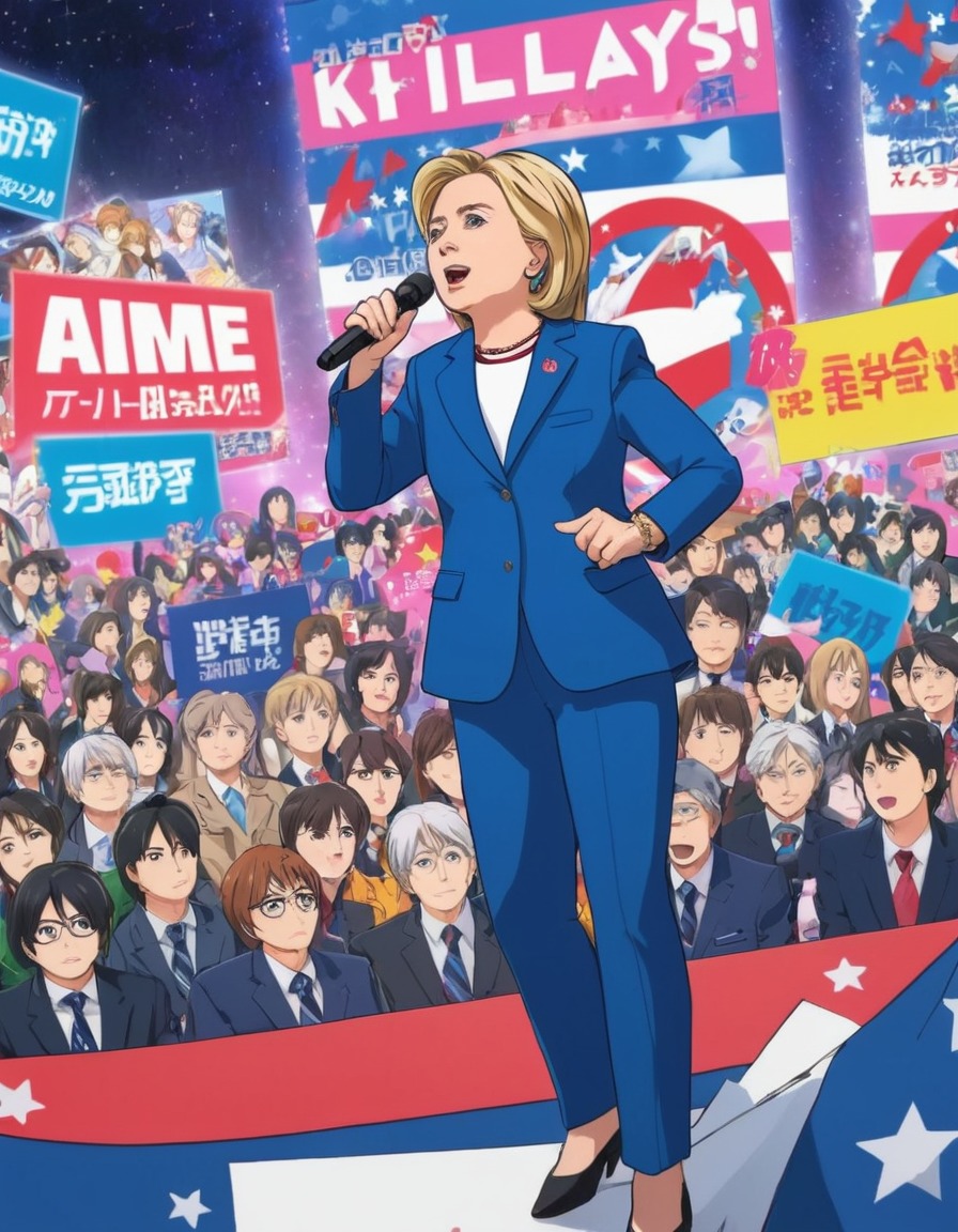 hillary clinton, anime, power suit, speech, campaign posters, politics