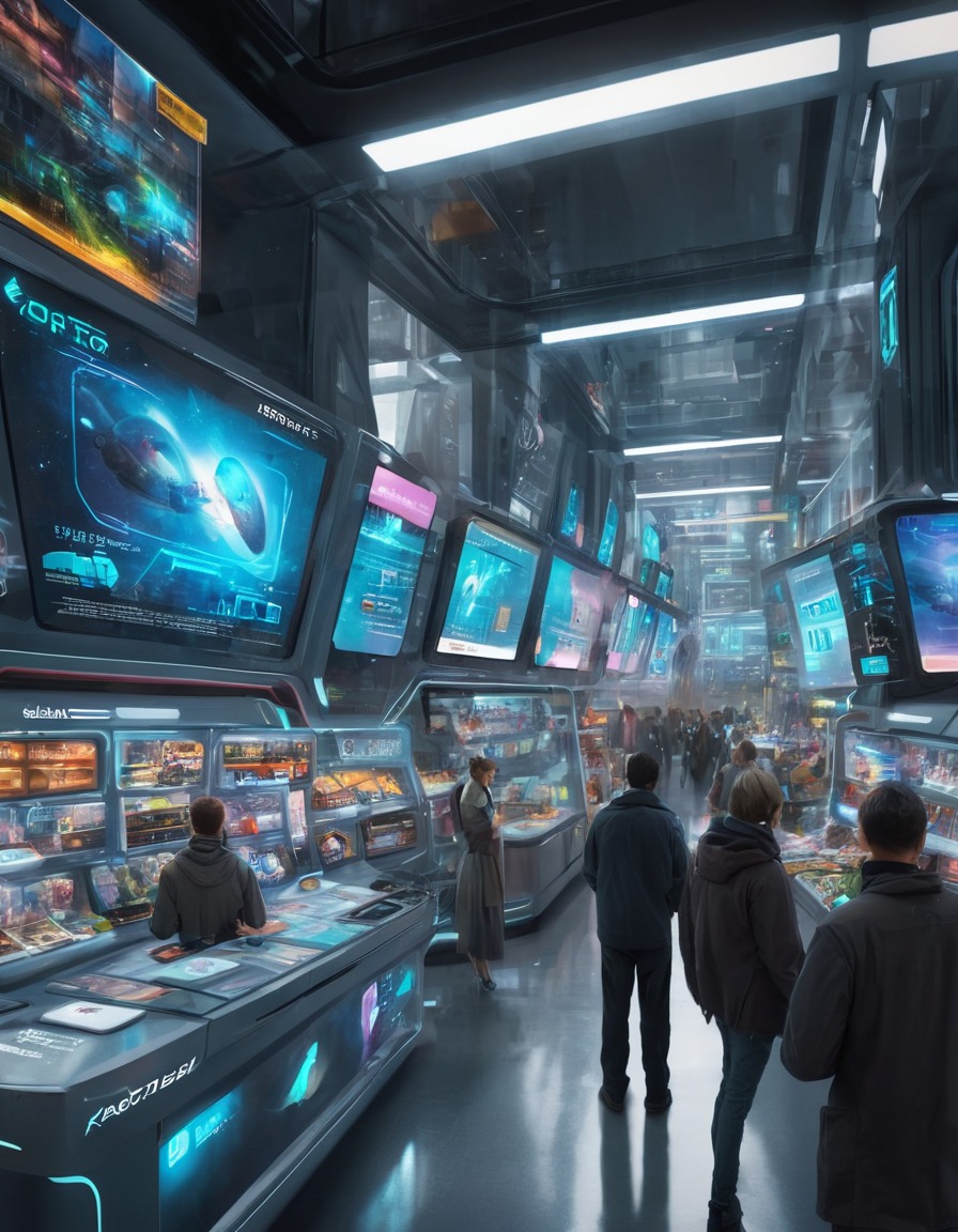 futuristic, marketplace, holographic advertisements, advanced payment system, technology, future