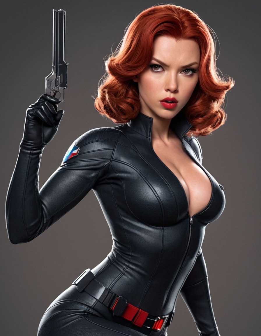 black widow, superhero, female, action pose, seductive, fierce, sexy, painted