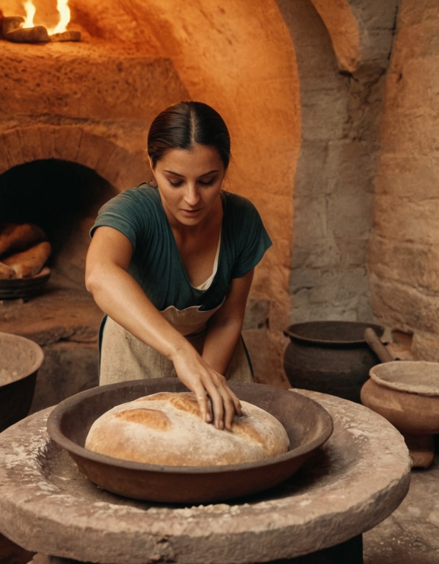 ancient rome, bread baking, clay oven, ancient cooking, historical scene, 150 ad, culinary traditions