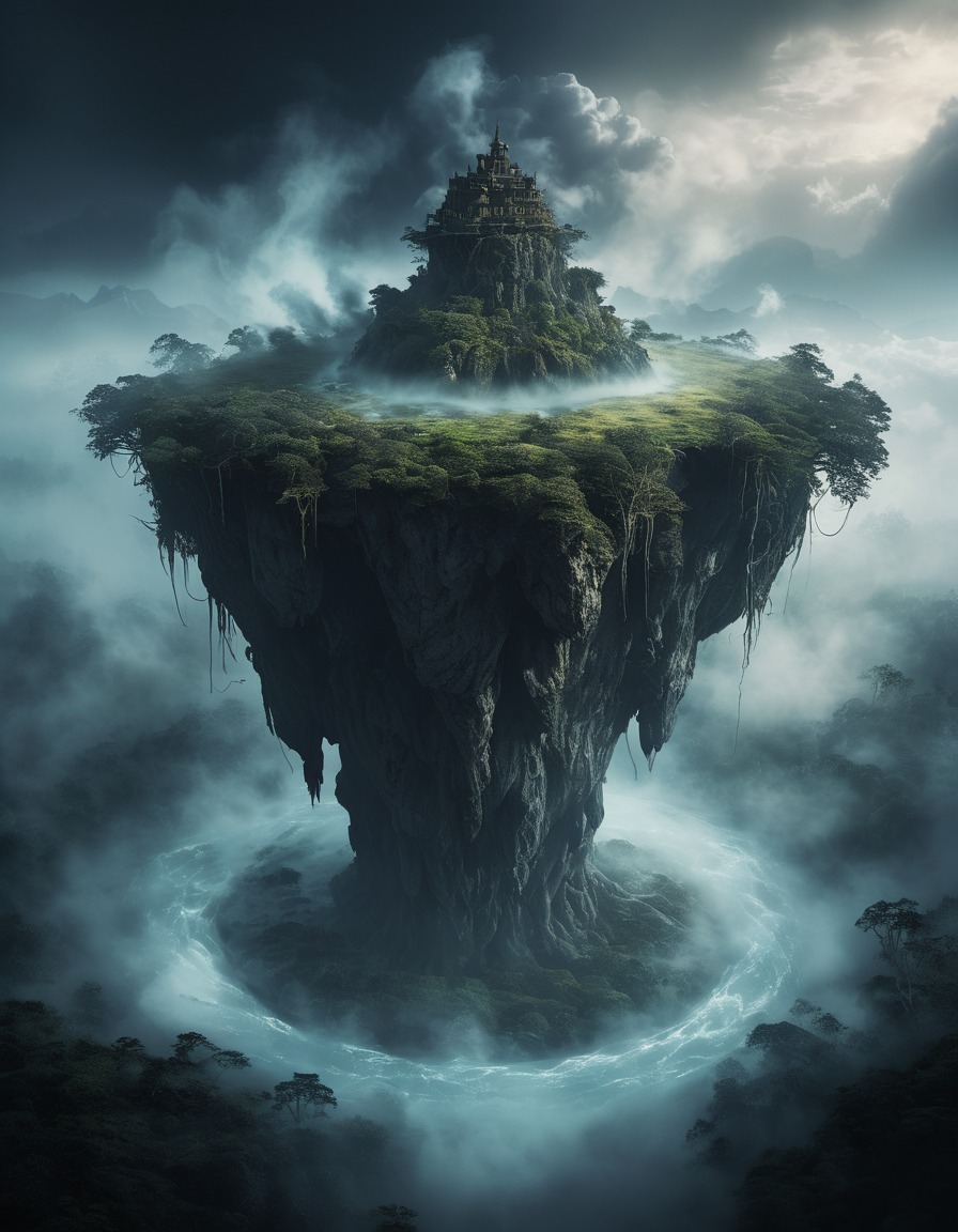 mystical, floating island, swirling mists, mystery, enchantment