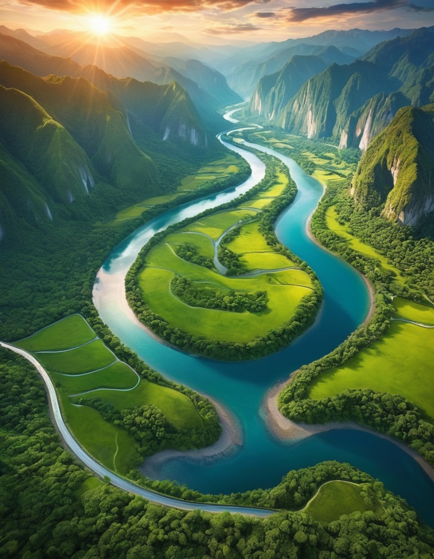 landscape, nature, aerial view, river, valley, mountains