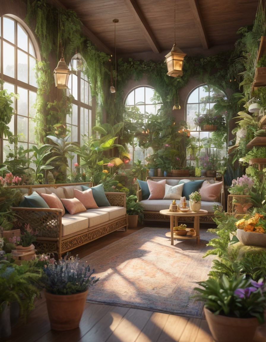 indoor garden, plants, herbs, cozy seating, afternoon tea, home, interior