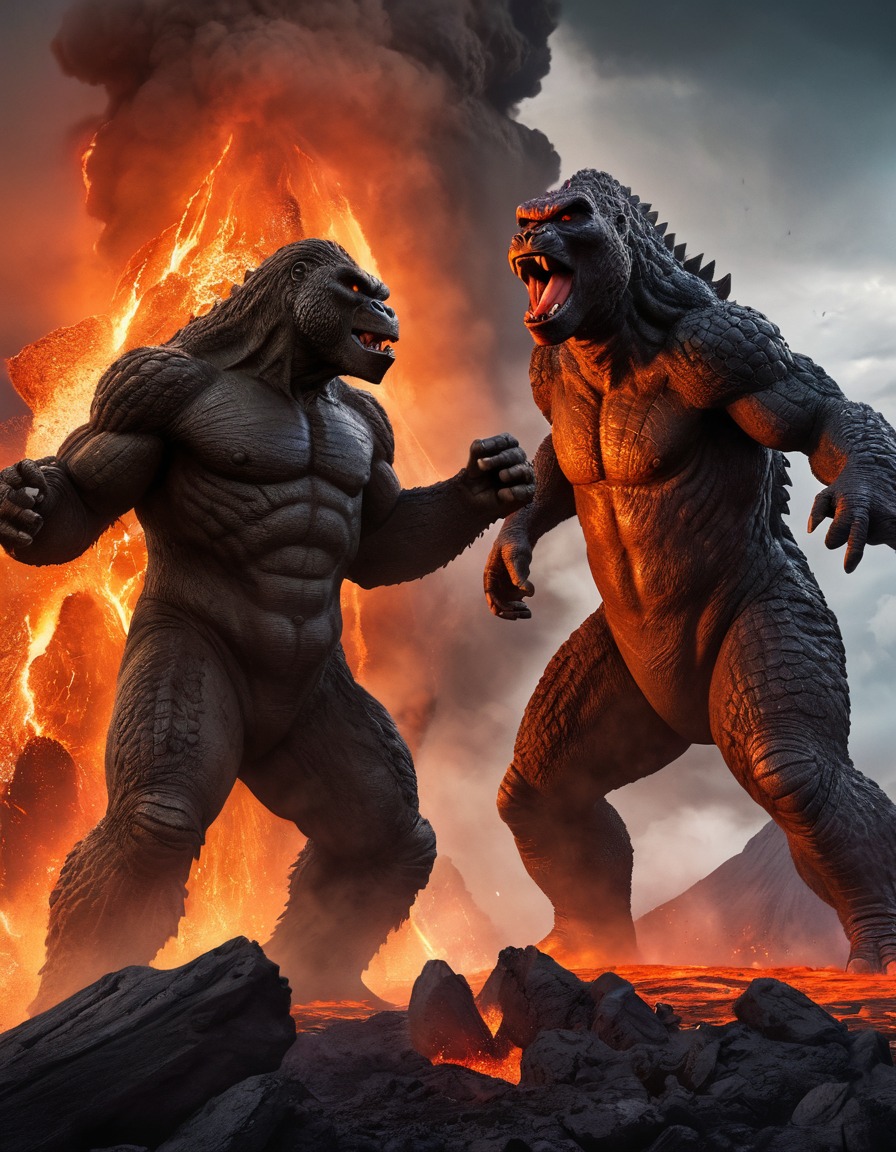 godzilla, king kong, kaiju, volcanic eruption, battle, lava, kong