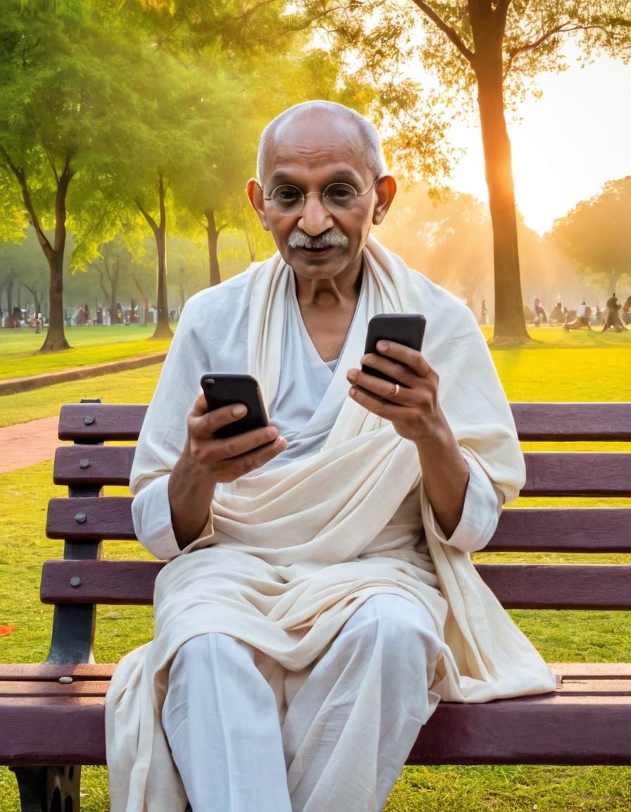 mahatma gandhi, smartphone, technology, park bench, modern lifestyle