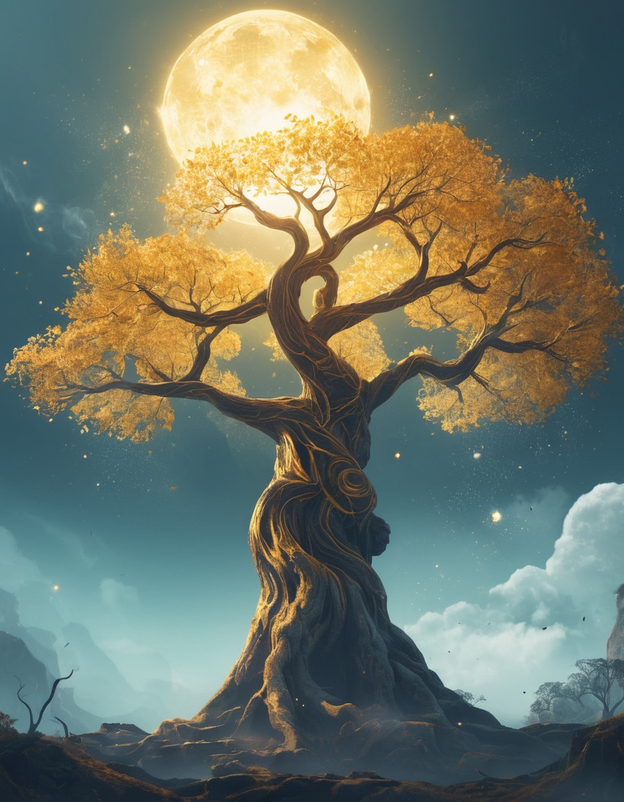 mysterious, ancient, tree, glowing, golden., fantastic