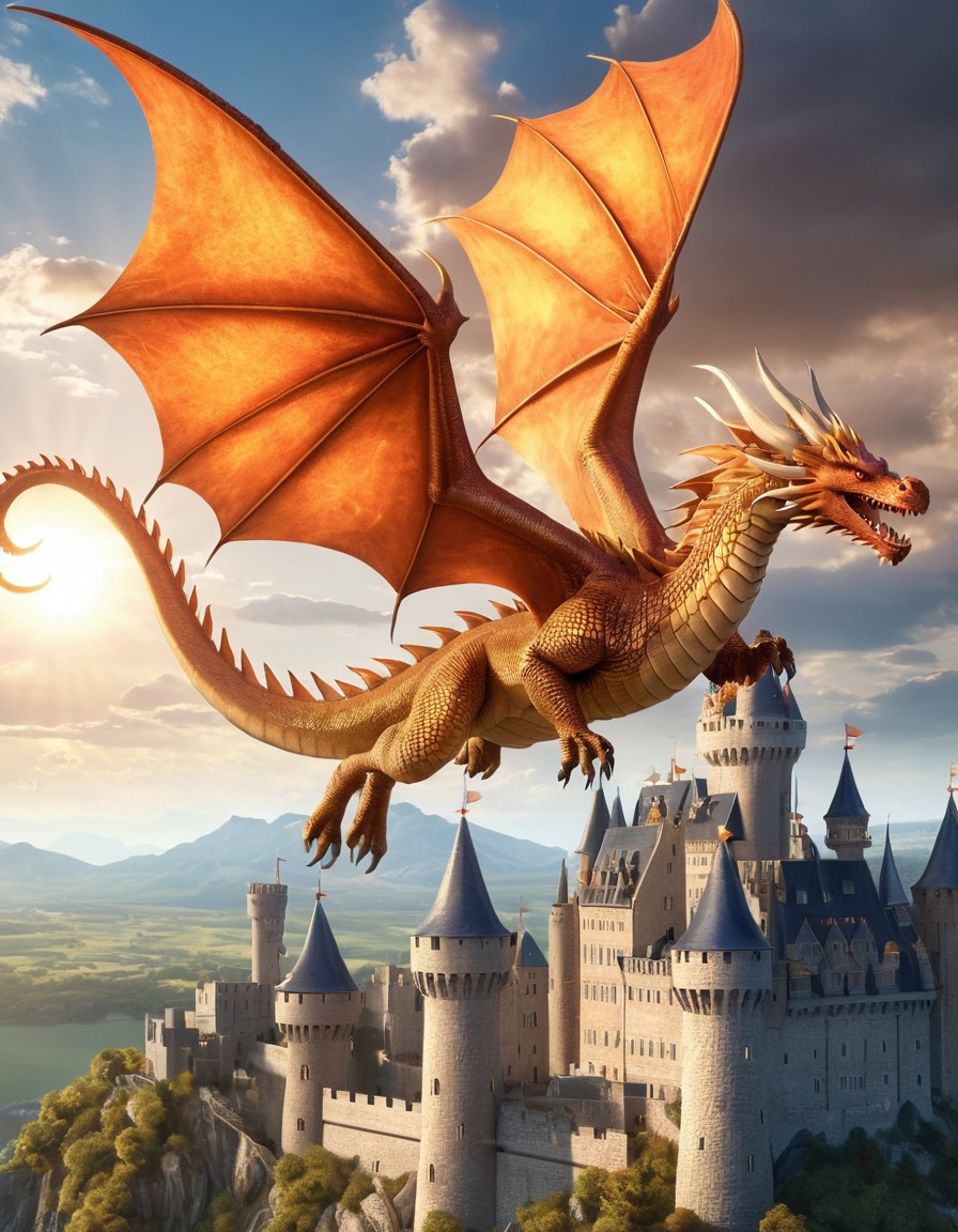 dragon, castle, solar panels, wind turbines, medieval, art