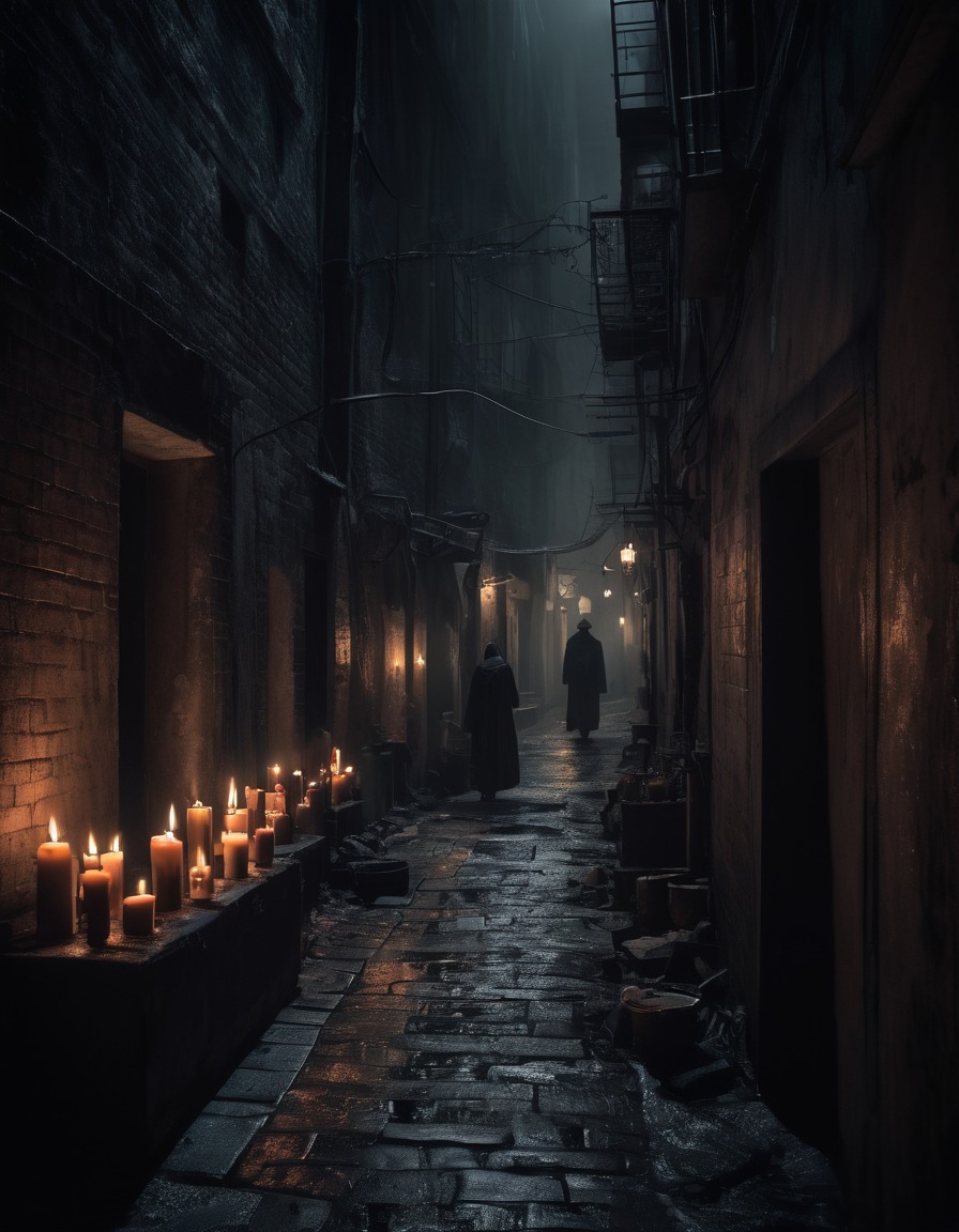 alleyway, candles, shadows, mysterious figures, gothic, underground, dark