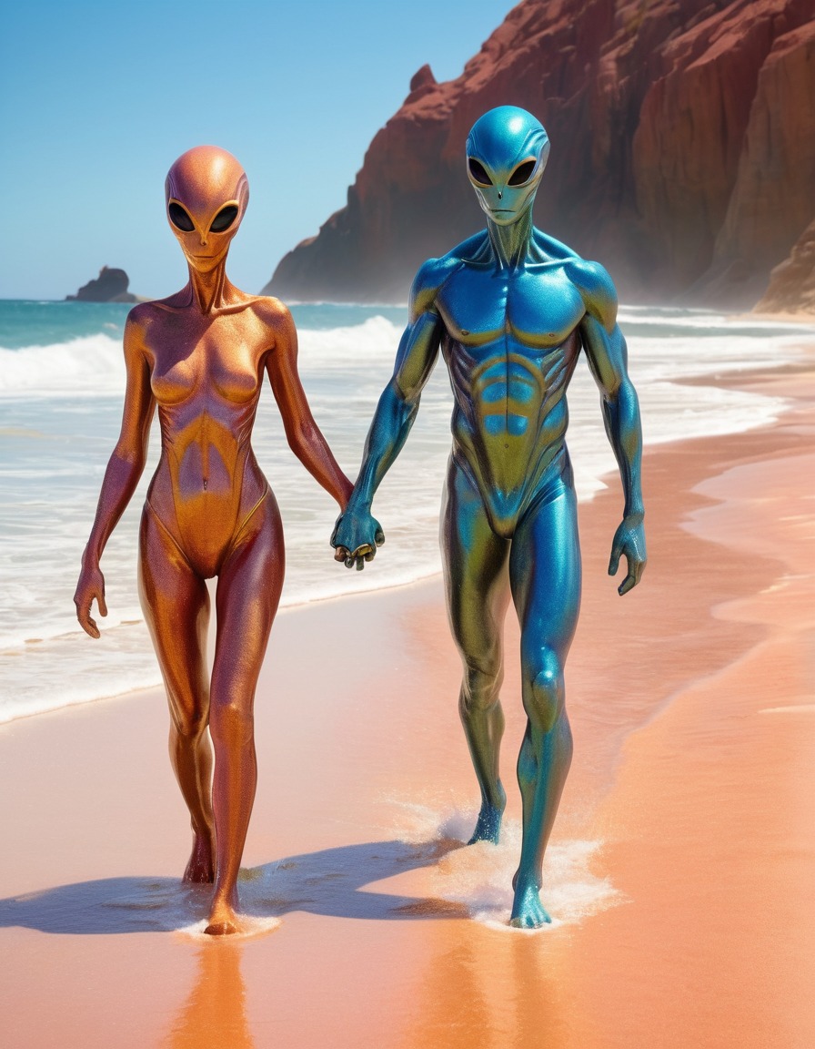 alien, couple, beach, crystalline sand, waves, silver, fantasy, extraterrestrial, aliens