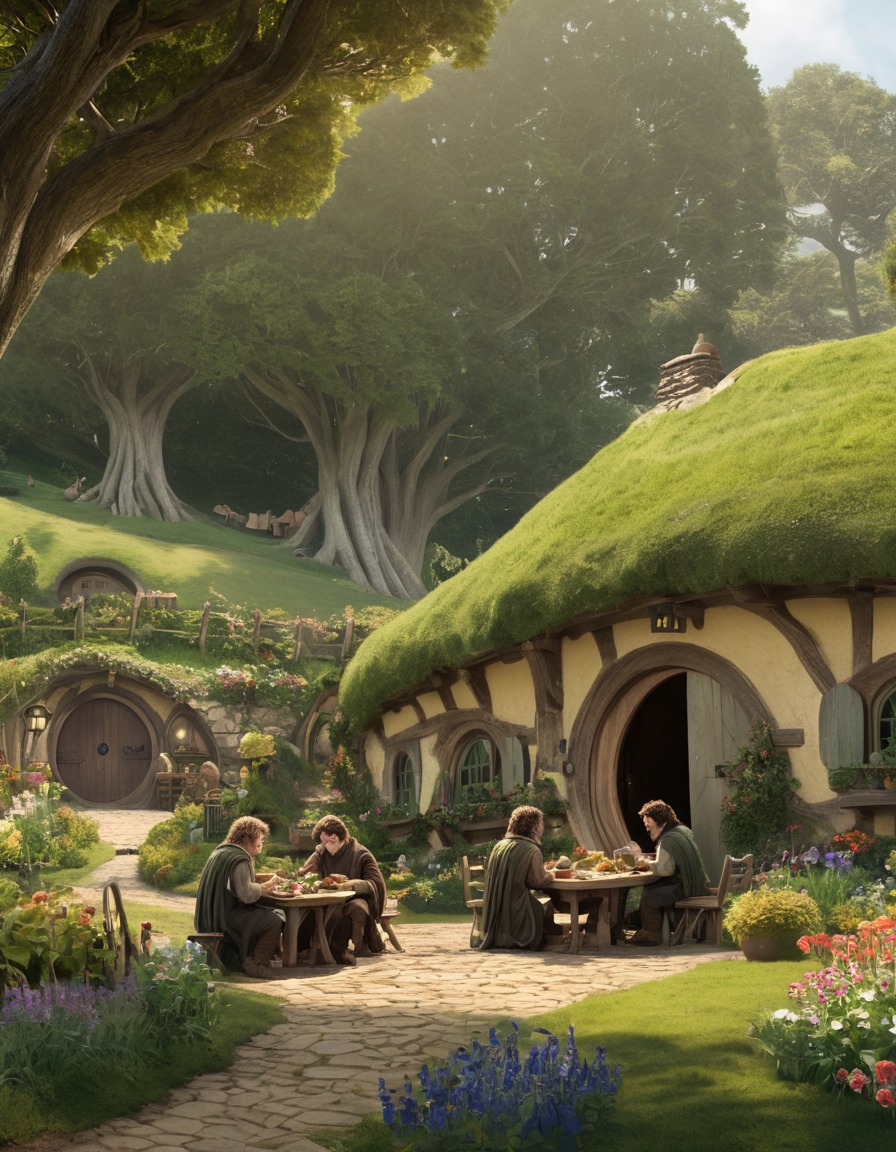 the suggested tags are: tranquil, shire, hobbits, gardens, meal., john tolkien, tolkien