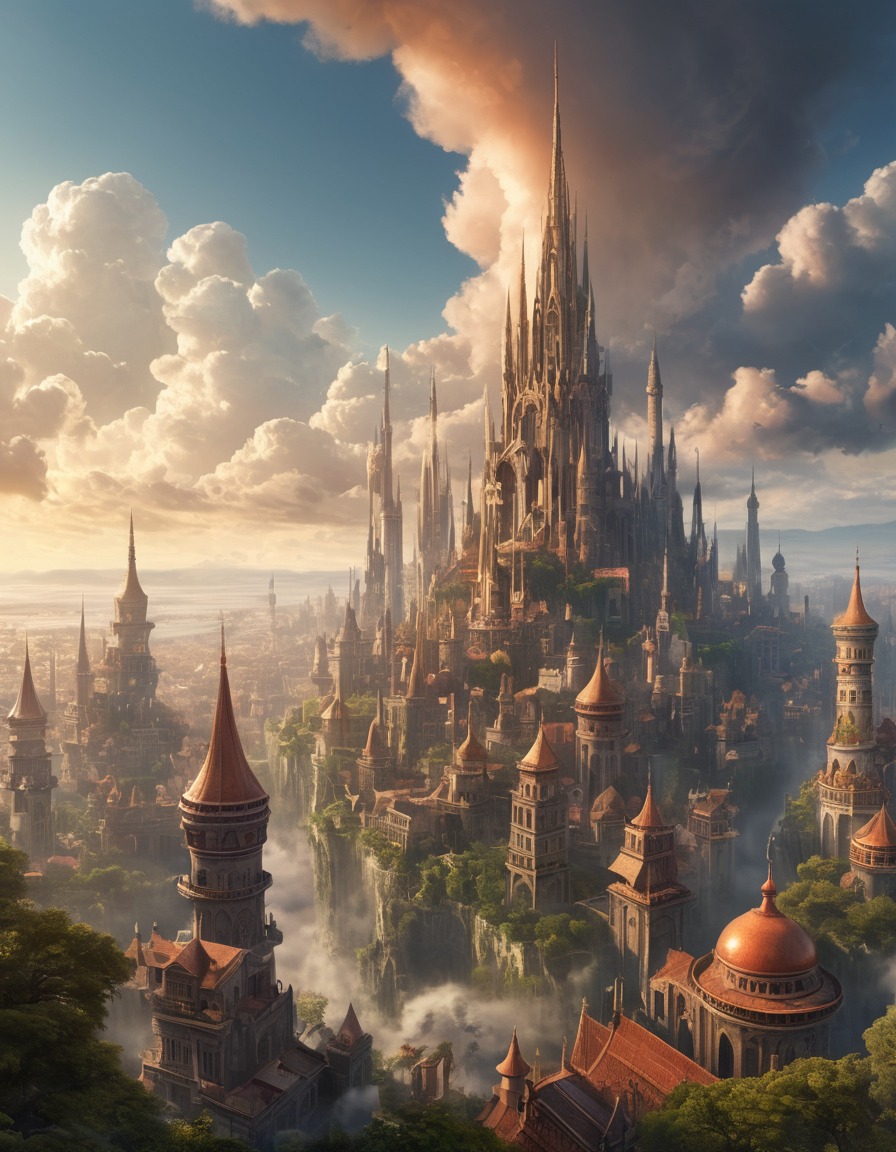 fantasy, cityscape, towers, fantastical beings, magical, majestic, fantastic