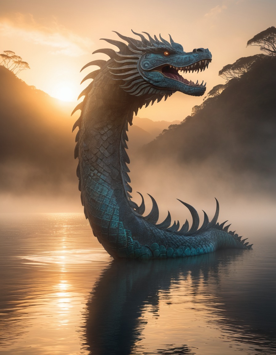 mythical creature, taniwha, lake, sunrise, mist, emergence