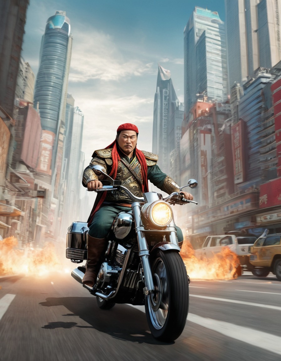 genghis khan, motorcycle, cityscape, skyscrapers, historical figure