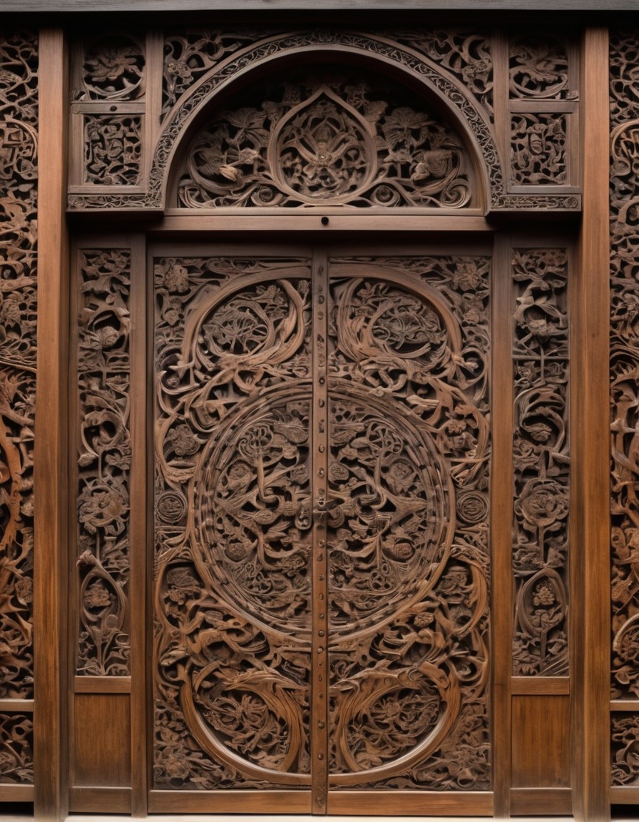 artisan, carving, intricate designs, wooden door, medieval japan, 1200 ad