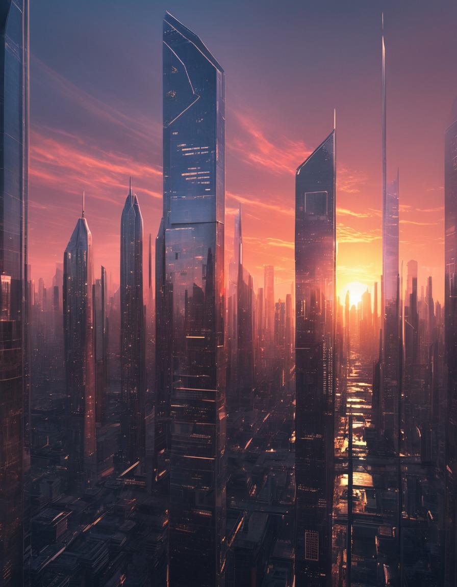 futuristic, cityscape, skyscrapers, sunset, reflection, modern city, city