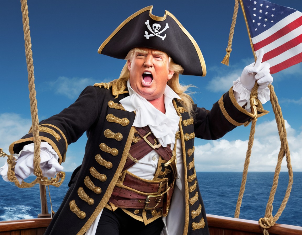 Design a whimsical image of Donald Trump as a pirate captain, sailing ...