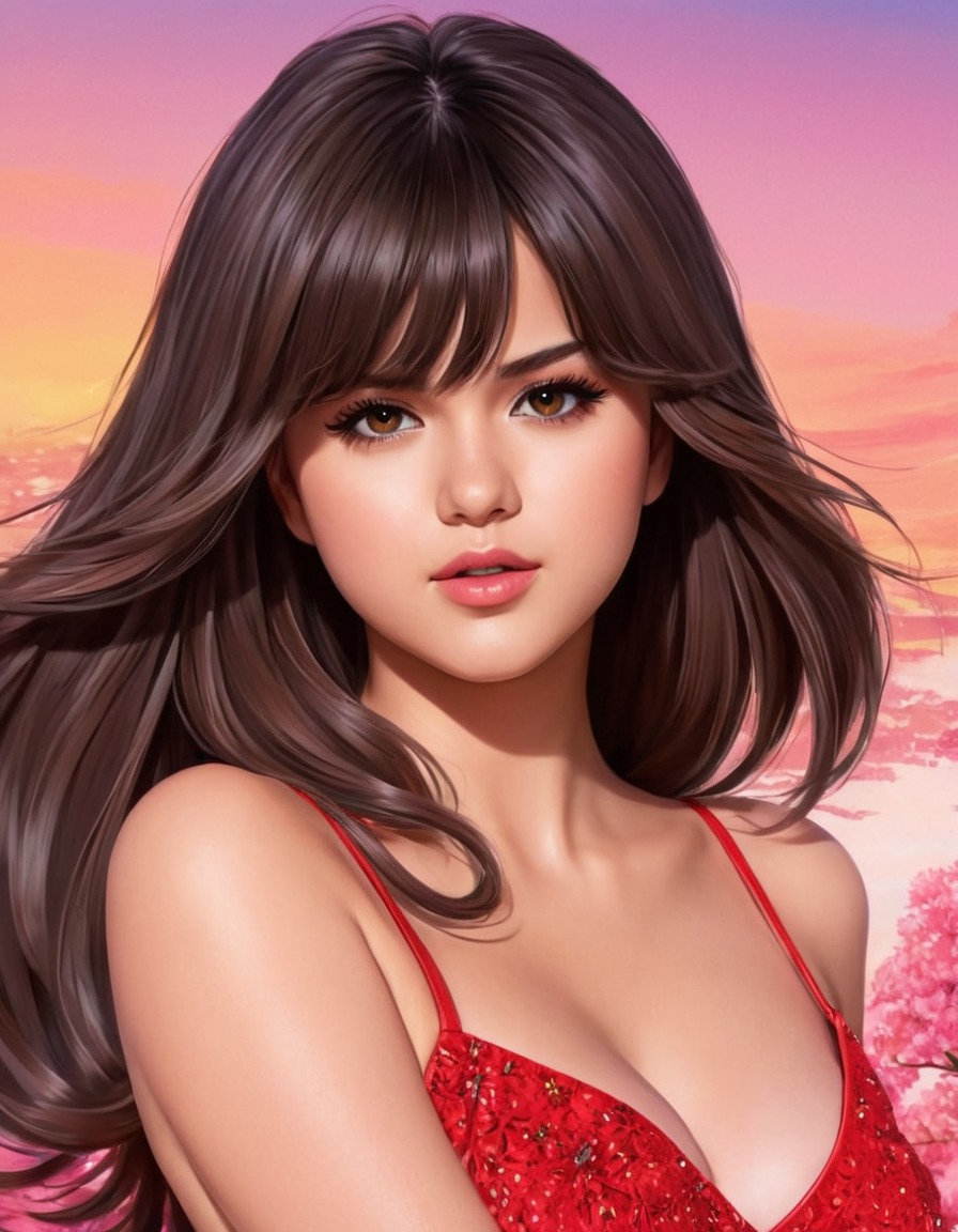 selena gomez, anime, portrait, exaggerated expressions