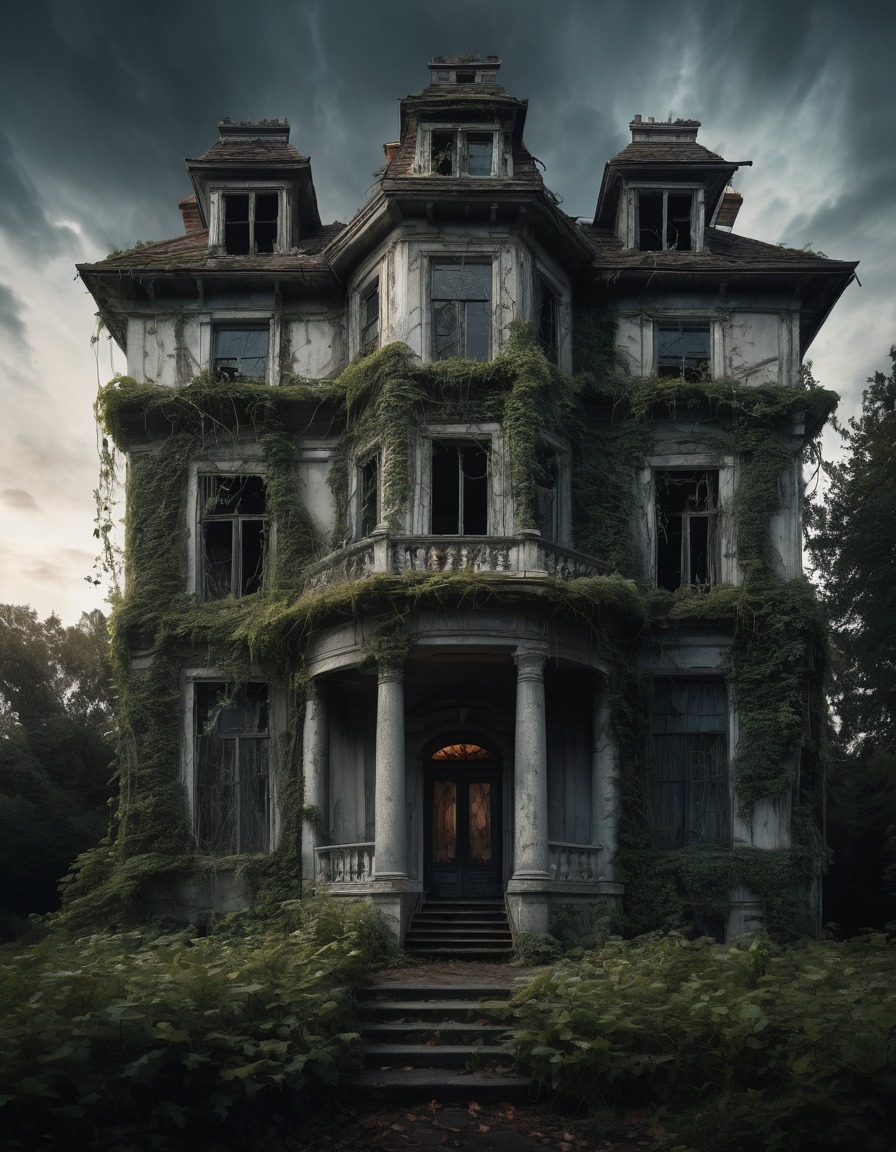 haunted house, old mansion, creepy, abandoned, vines, flickering light, gothic, underground, dark