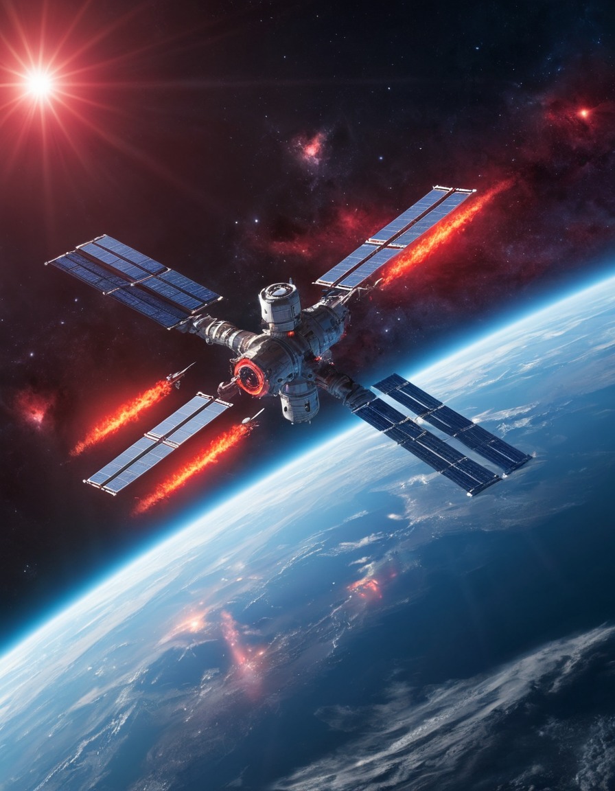 space station, orbiting, mysterious, glowing red star, outer space, sci-fi, astronomy