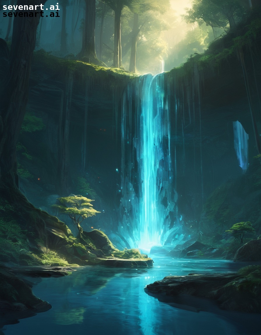 fantasy, waterfall, glowing, crystal-clear, hidden forest, nature