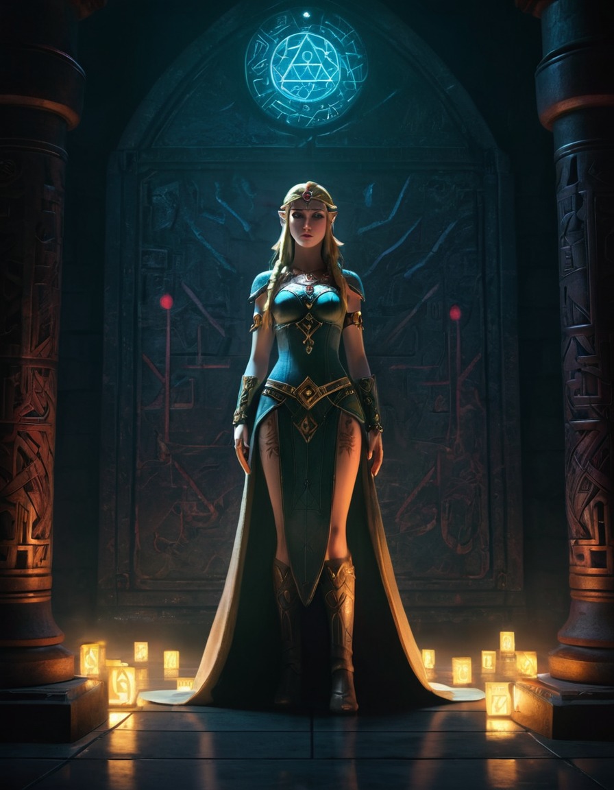 princess zelda, chamber, glowing runes, fantasy, video game, magical, royalty, games, dark