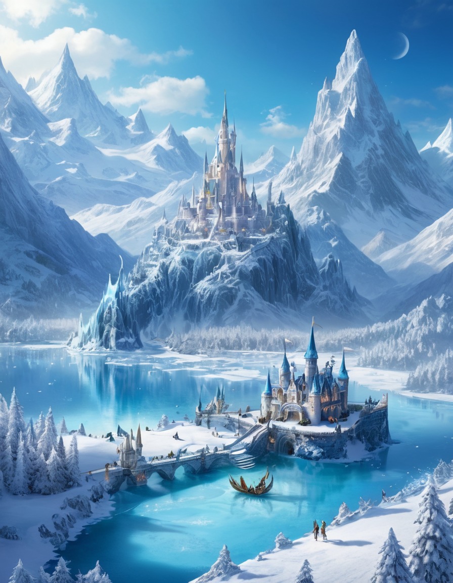 winter wonderland, fantasy, ice dragons, mountains, elves, frozen lakes, fantastic