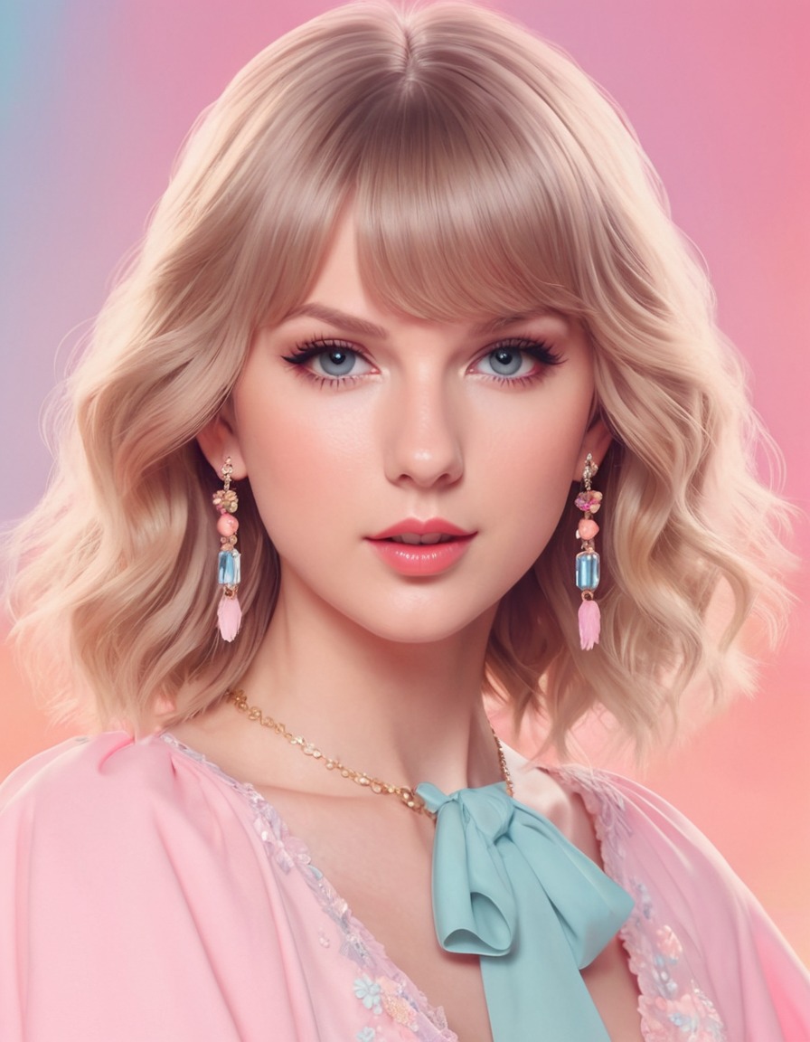 taylor swift, anime, portrait, pastel colors, whimsical accessories