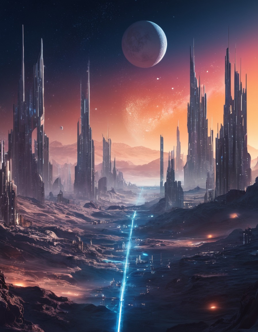 futuristic city, distant planet, alien landscape, multiple moons, sci-fi setting, space, stars