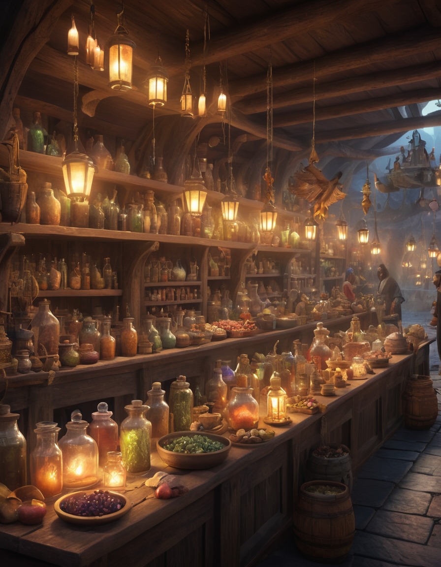 marketplace, potion sellers, spellcasters, mythical creatures, fantasy, magical, enchanting